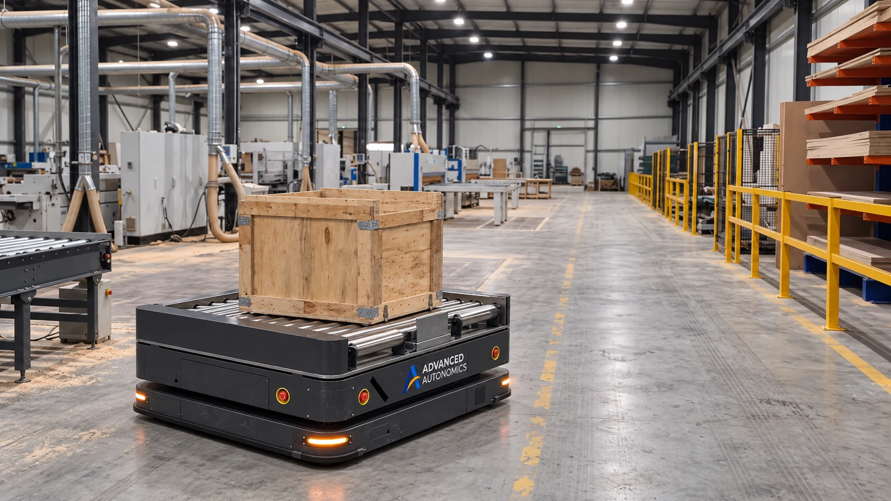 Advanced Autonomics industrial AMR carrying a crate in a production facility