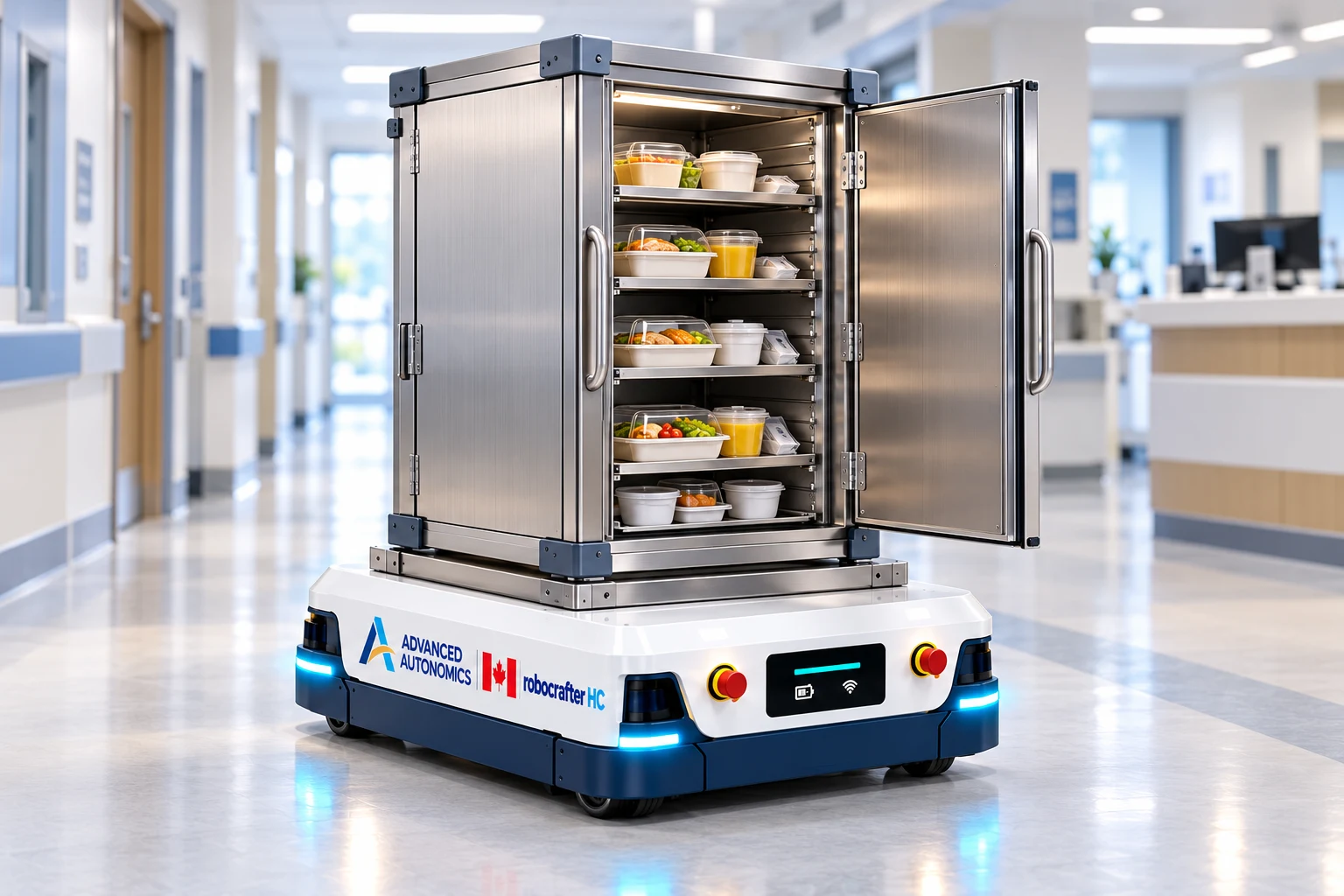 Robocrafter healthcare AMR with a meal delivery cabinet